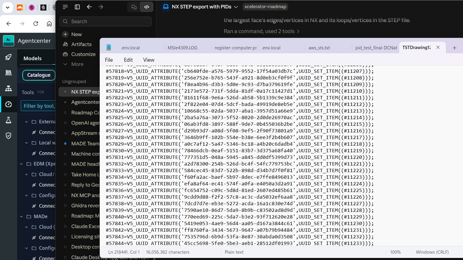 Notepad showing V5_UUID_ATTRIBUTE records for faces and edges at the end of the file