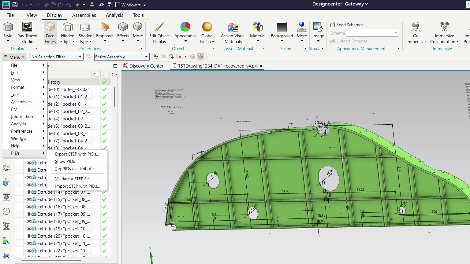 NX Menu with the PIDs submenu: Export STEP with PIDs, Show PIDs, Tag PIDs as attributes, Validate a STEP file, Import STEP with PIDs